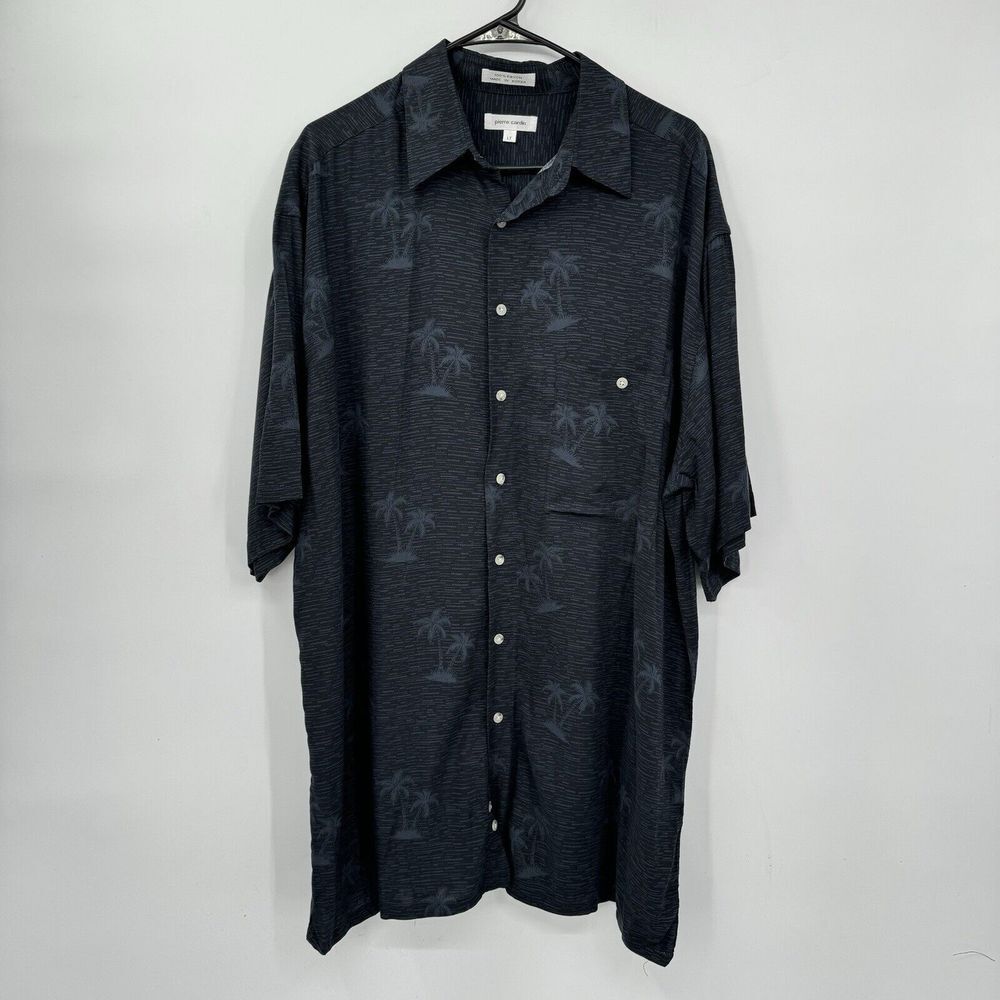 Pierre Cardin LT Button Front Shirt Mens Black Rayon Palm Tree Tropical Tall